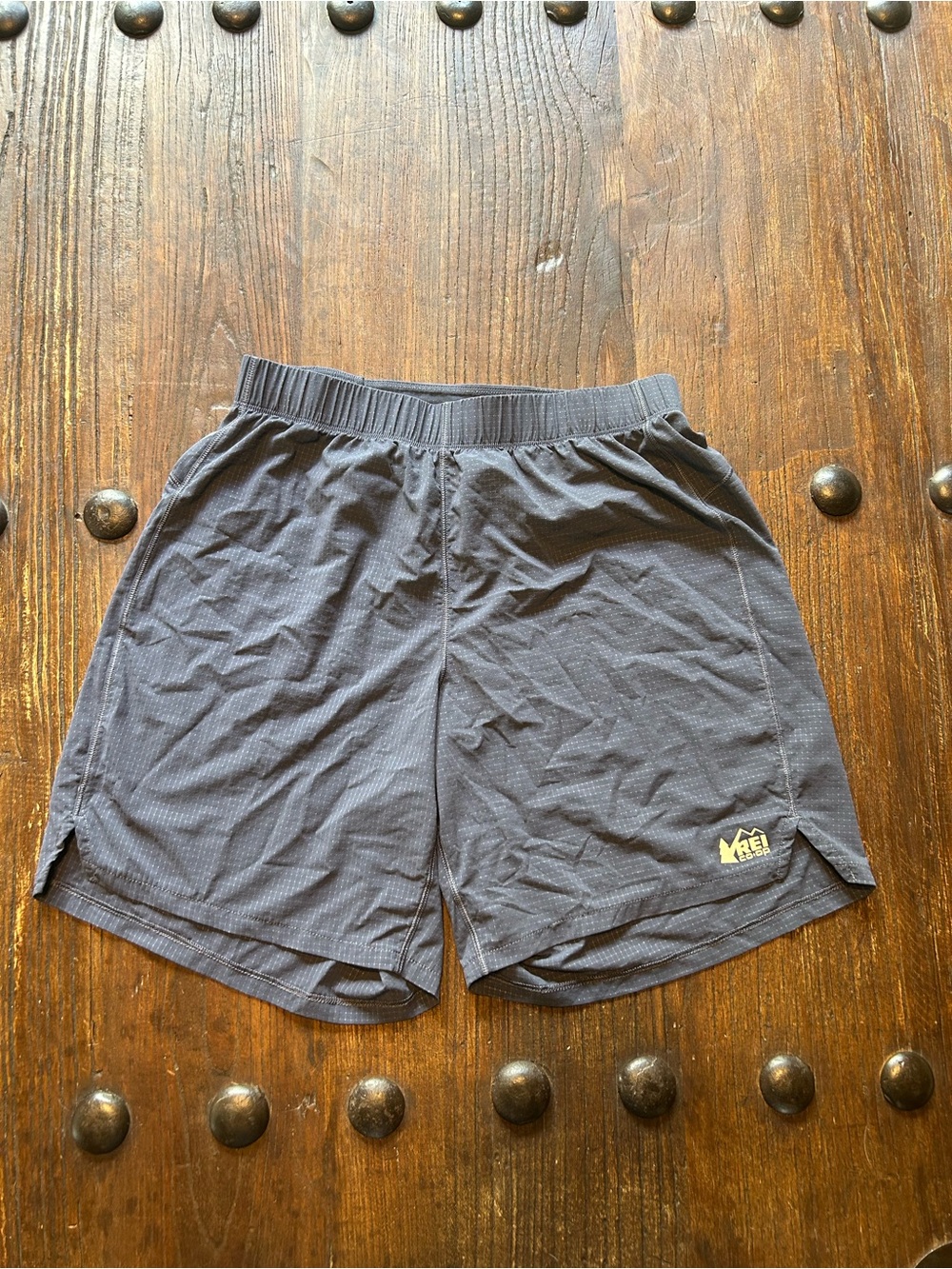 REI Men's Dark Charcoal Athletic Shorts with Logo
